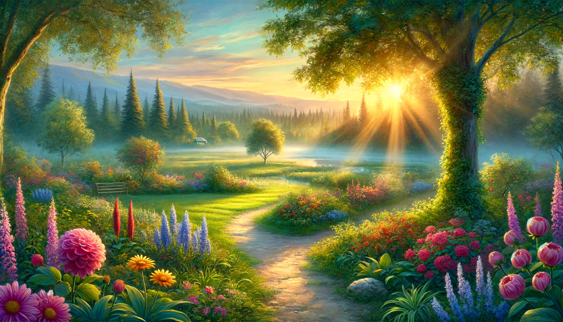 A peaceful garden at sunrise, with a path leading through vibrant flowers and greenery.