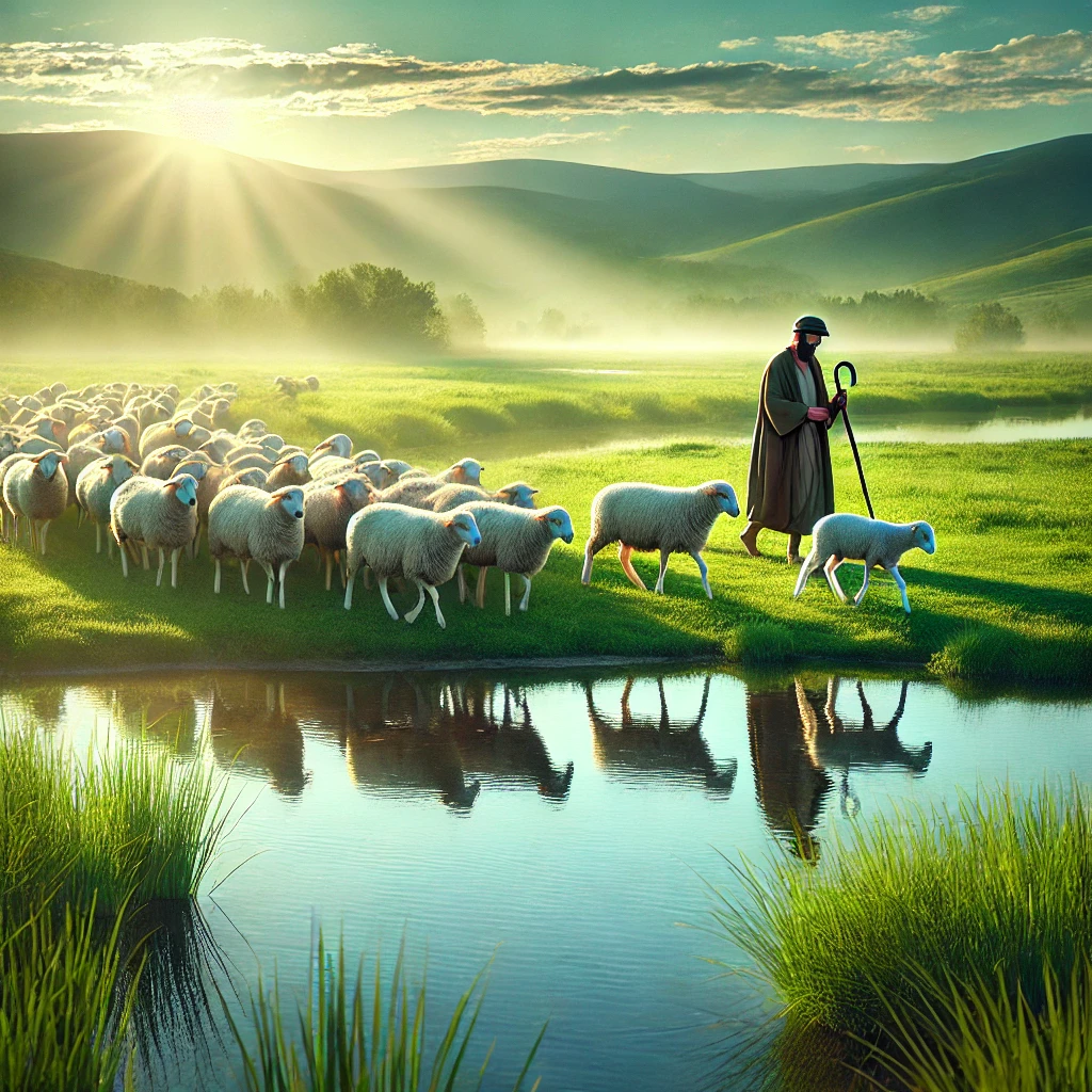 A peaceful image of a shepherd guiding sheep beside still waters in a green pasture.