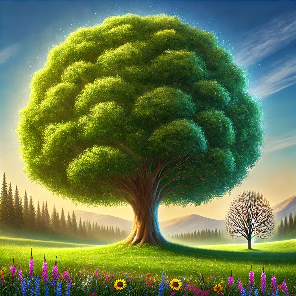 A peaceful landscape with a large, flourishing tree.