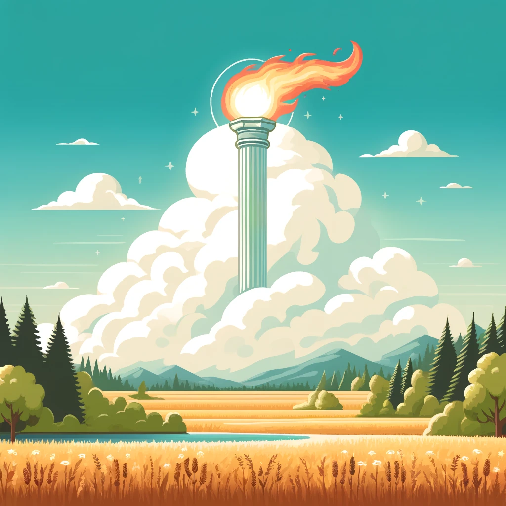 A peaceful landscape with a pillar of cloud and fire in the background.