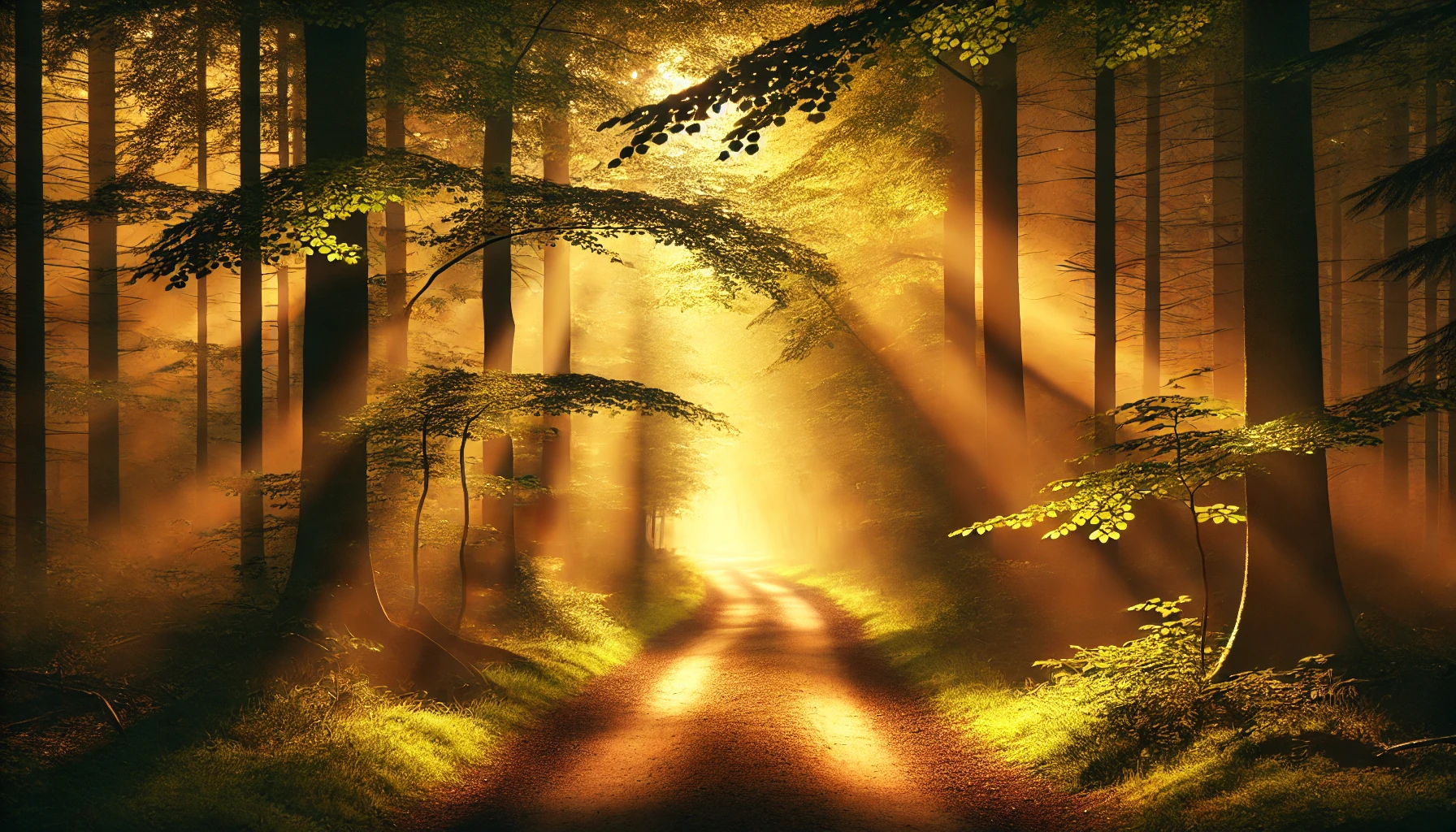 A peaceful path through a dense, sunlit forest, representing the guidance and clarity given by trusting in the Lord.