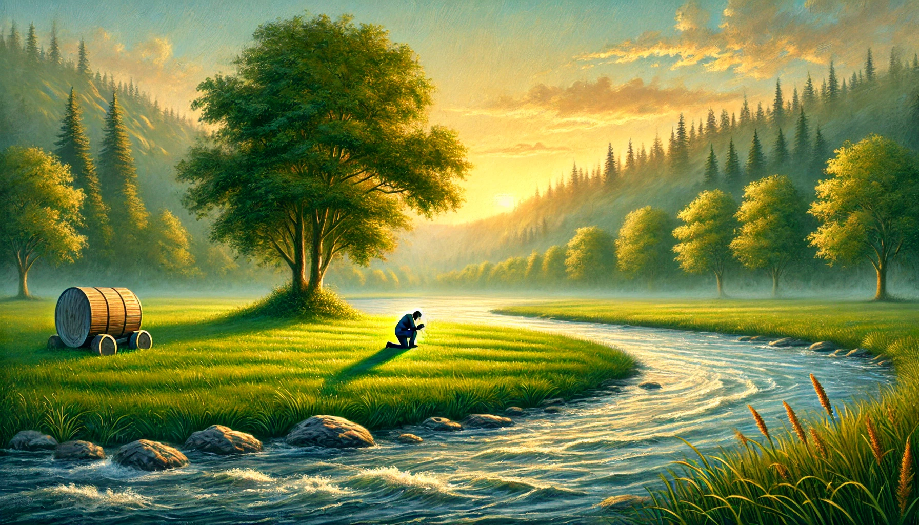 A peaceful riverside scene with a person kneeling in prayer on a lush green riverbank.