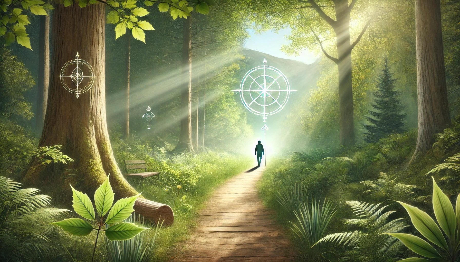 A peaceful scene depicting a person walking along a well-defined path in a lush, green forest.