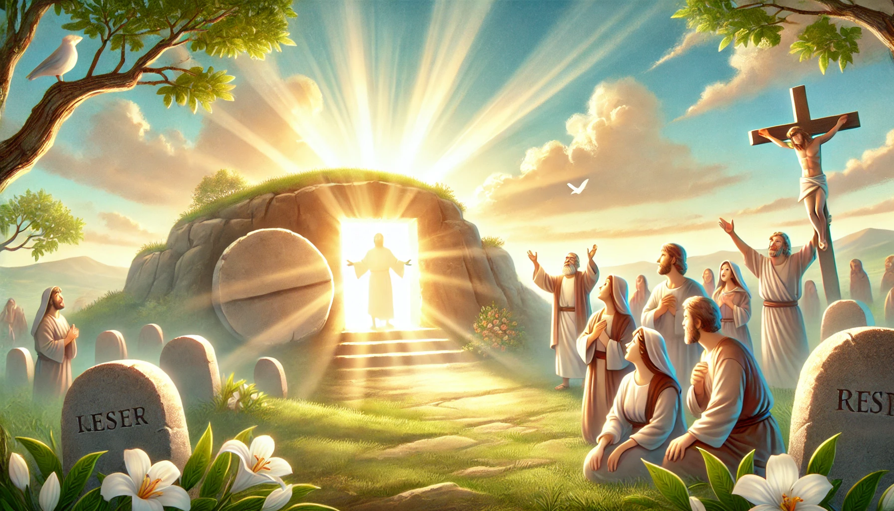 A peaceful scene depicting the resurrection, with a bright, empty tomb in the background and a radiant light shining through.