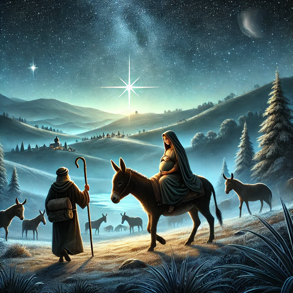 A peaceful scene of Mary and Joseph traveling to Bethlehem on a donkey.