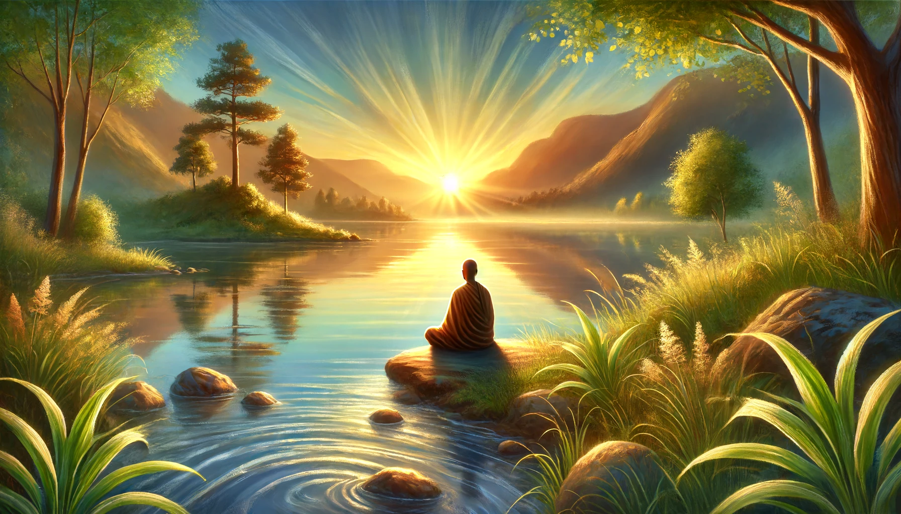 A peaceful scene of a person sitting by a calm lake at sunrise, with a serene expression, reflecting on wisdom.