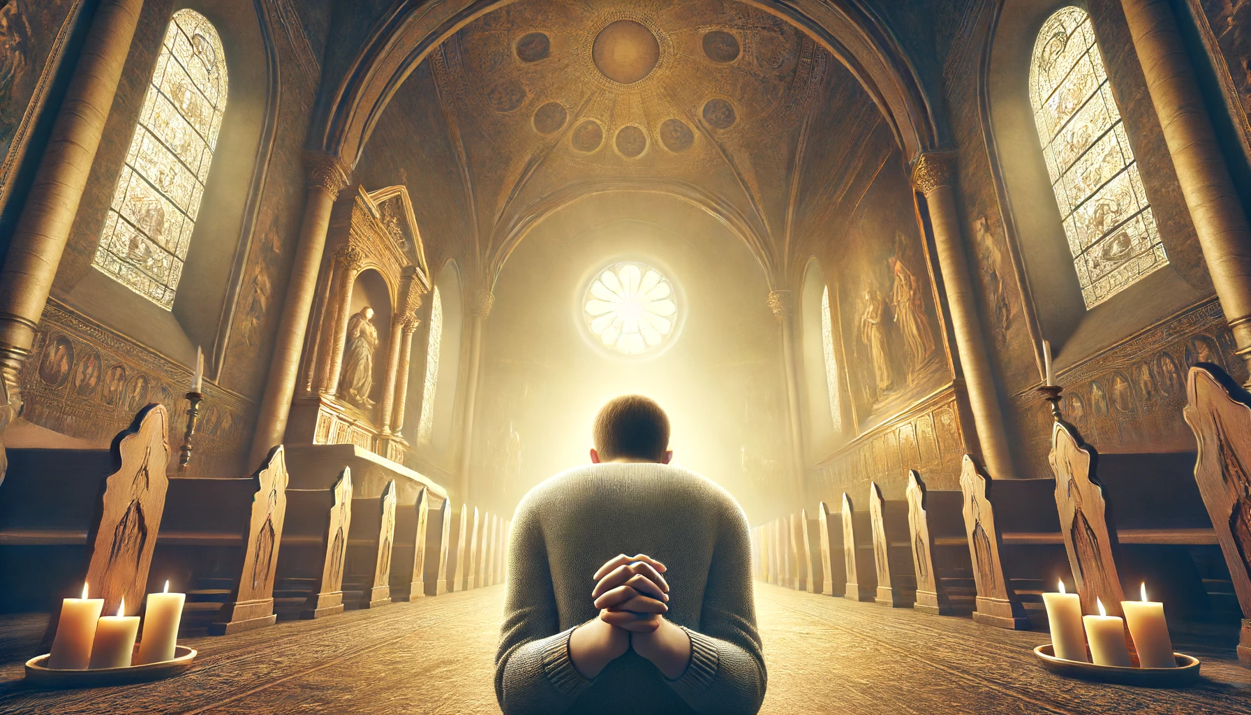 A peaceful scene with a person kneeling in prayer.