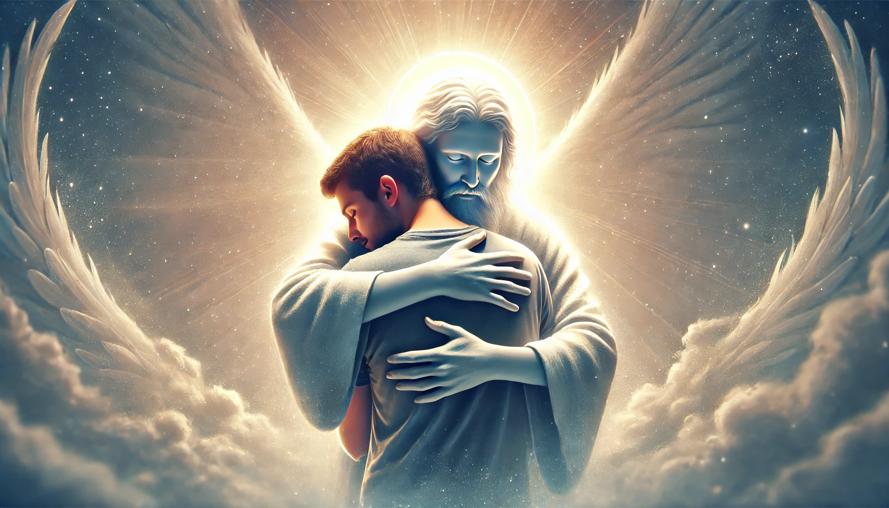 A person being warmly embraced by a divine figure.