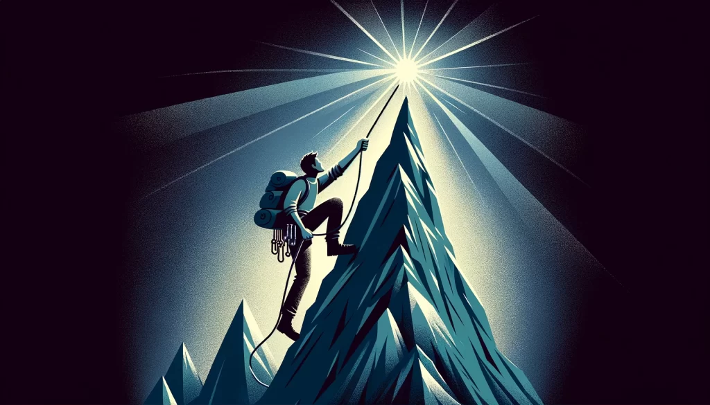 A person climbing a steep mountain with determination, aided by a guiding light above them.