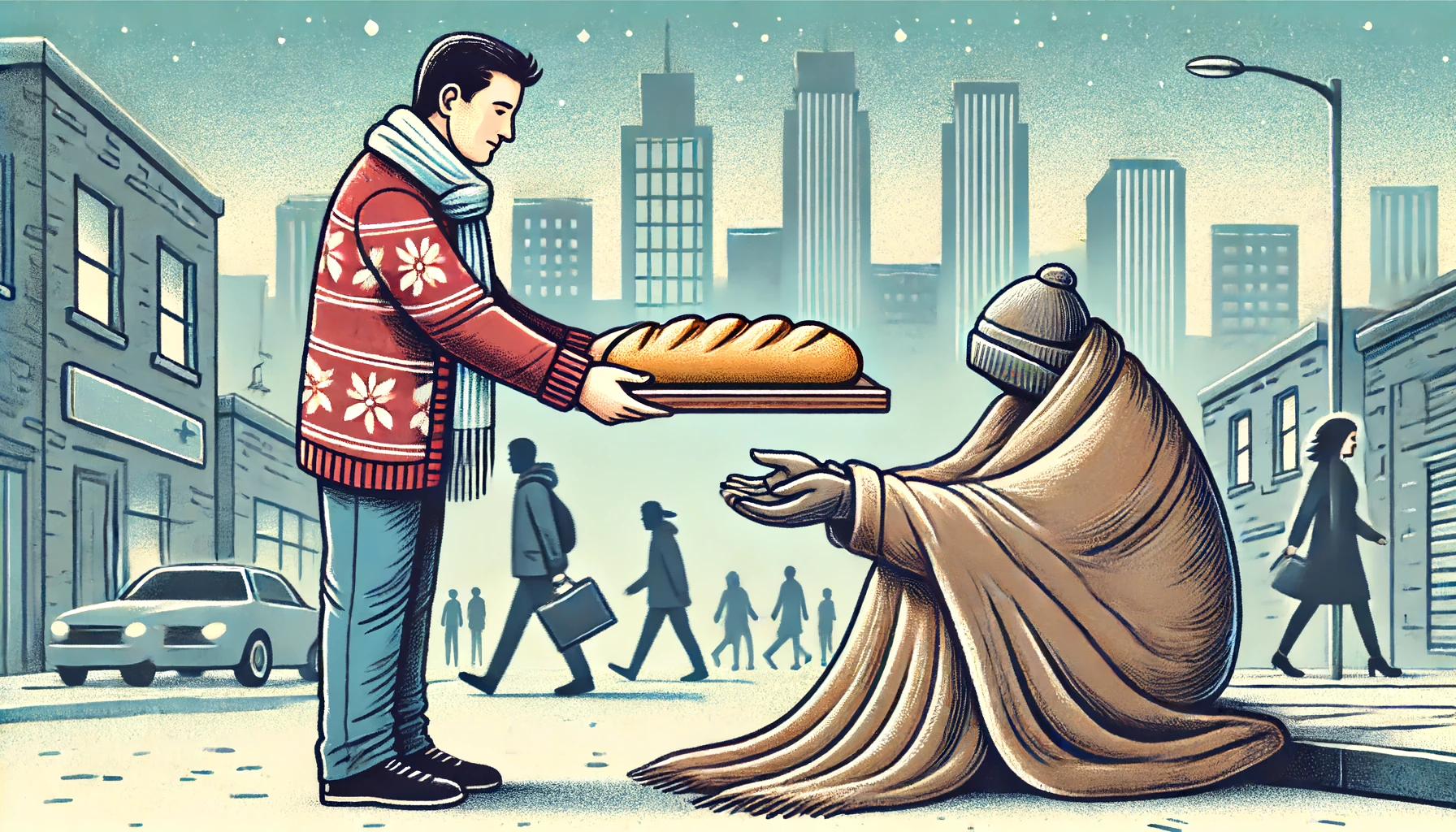 A person handing a loaf of bread and a warm blanket to a homeless individual on the street.