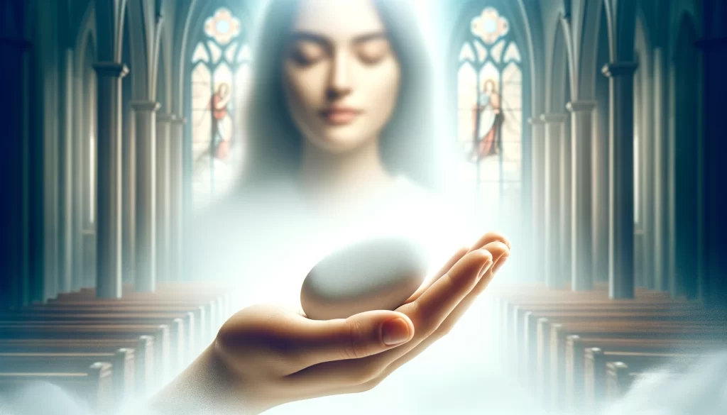 A person holding a smooth white stone with a serene expression.