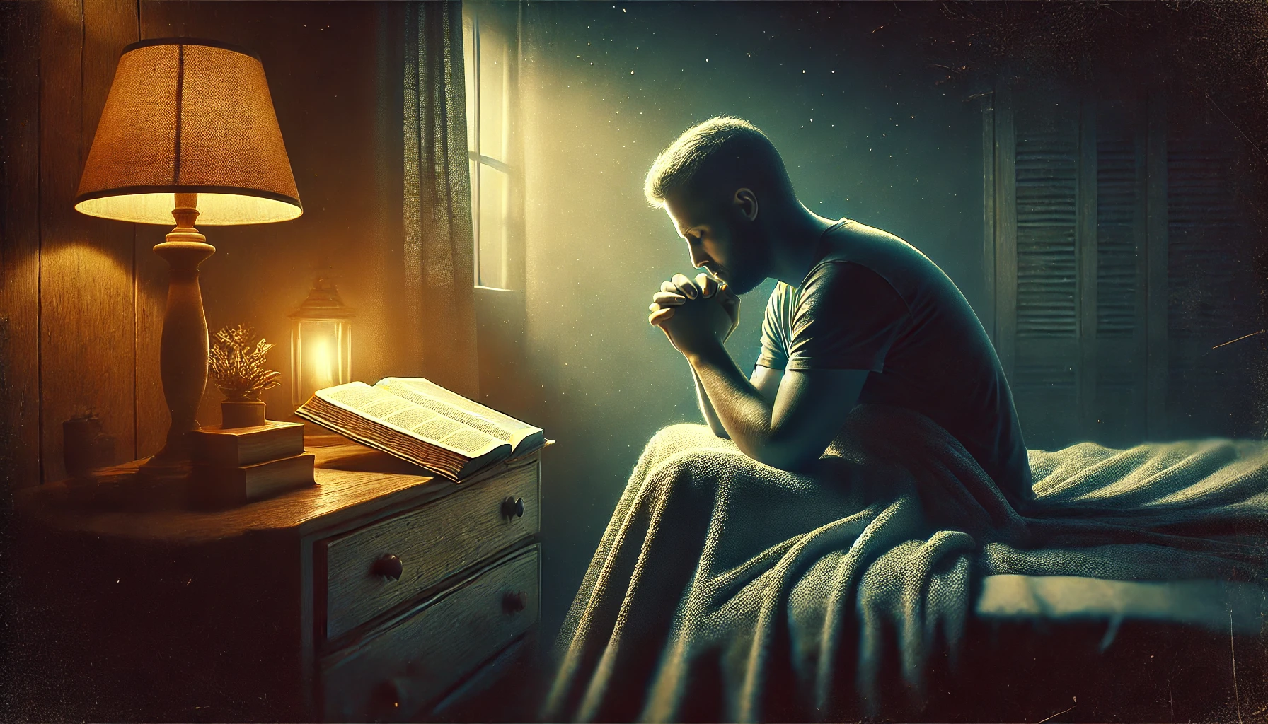 A person in deep prayer at night, by their bedside with an open Bible.