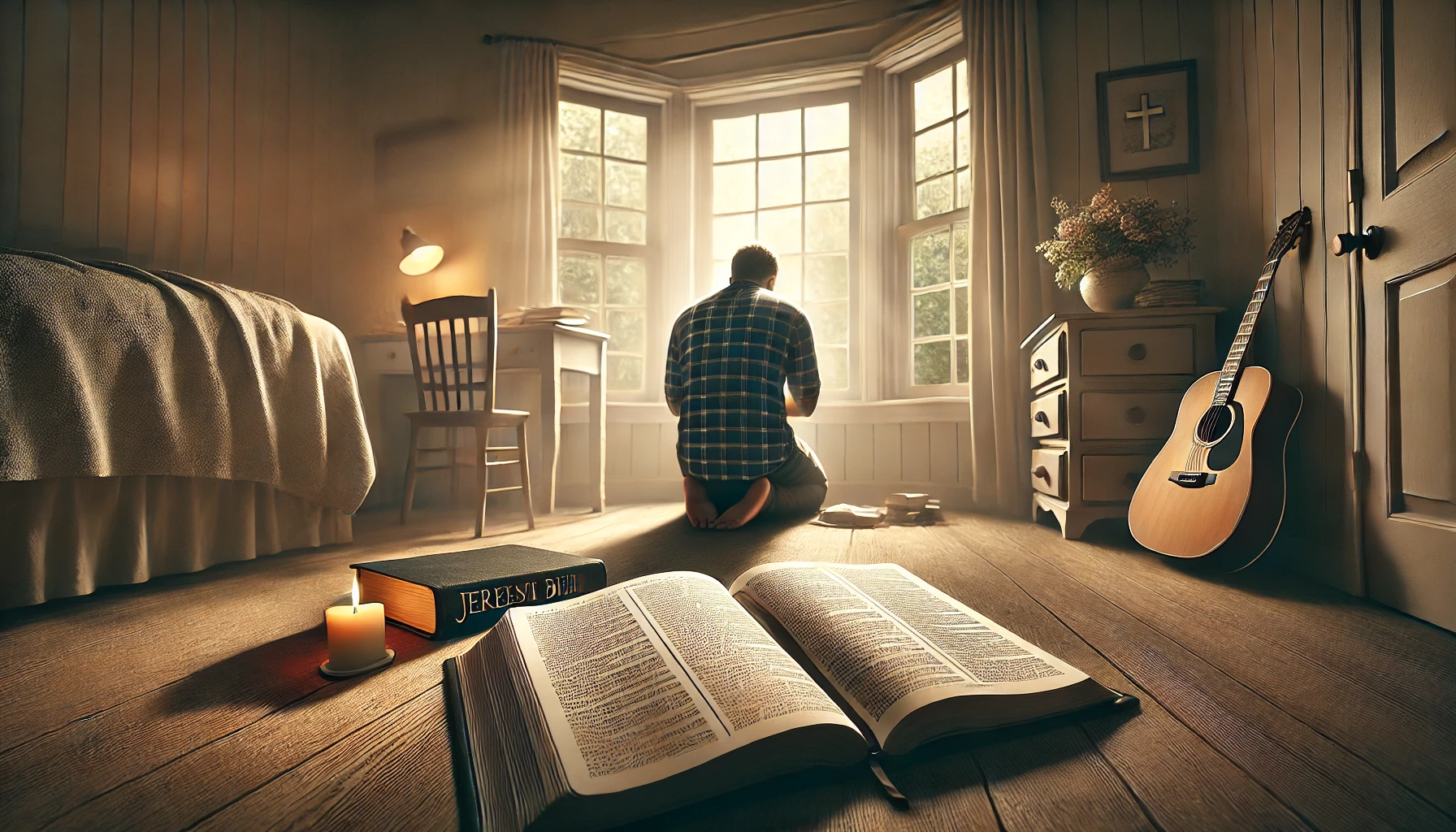 A person in deep prayer in a quiet room, with an open Bible.