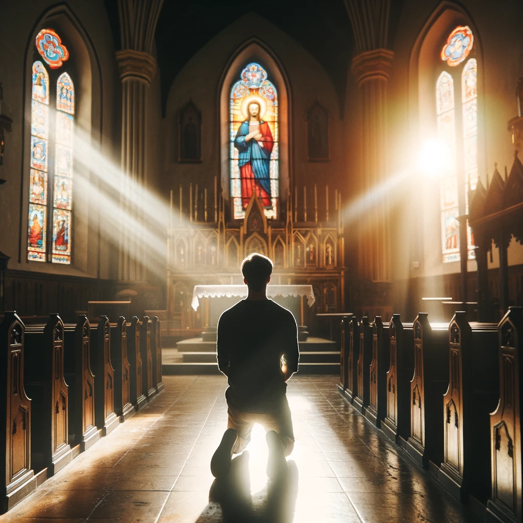 A person kneeling in a church, with sunlight streaming through stained glass windows.