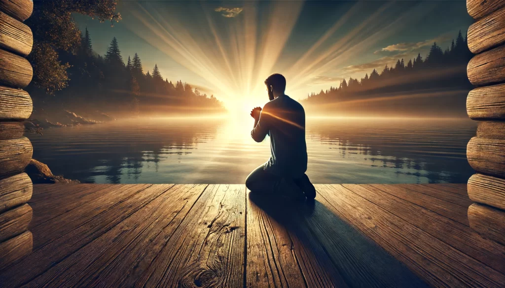 A person kneeling in prayer at a serene lakeside at sunrise.