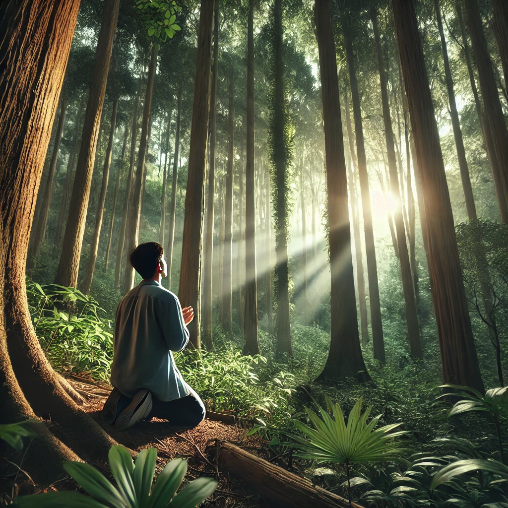 A person kneeling in prayer at the edge of a dense forest.