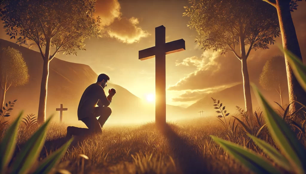 A person kneeling in prayer before a cross in a serene outdoor setting.