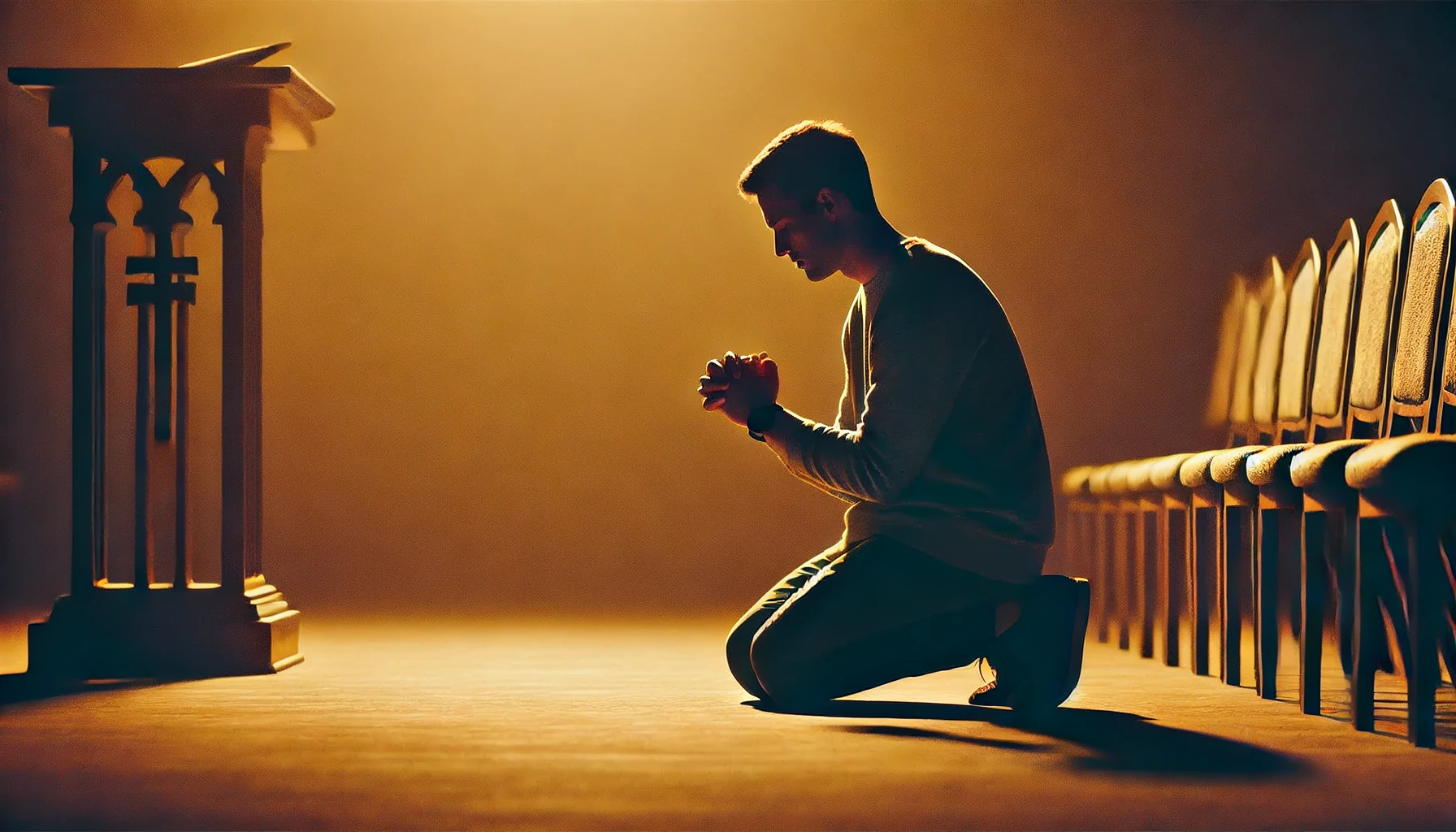 A person kneeling in prayer in a quiet, dimly lit room with a warm glow.