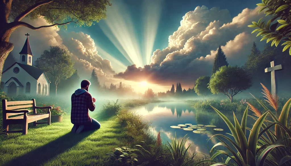 A person kneeling in prayer in a tranquil setting.