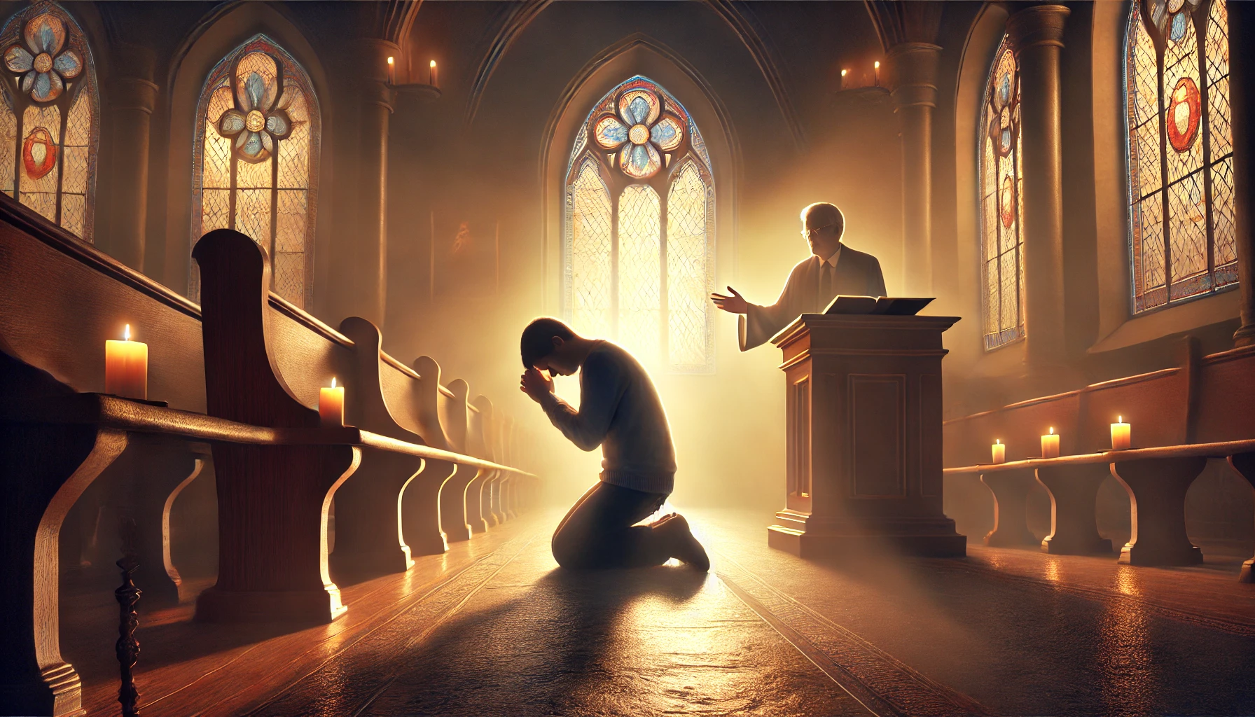 A person kneeling in prayer inside a dimly lit church.