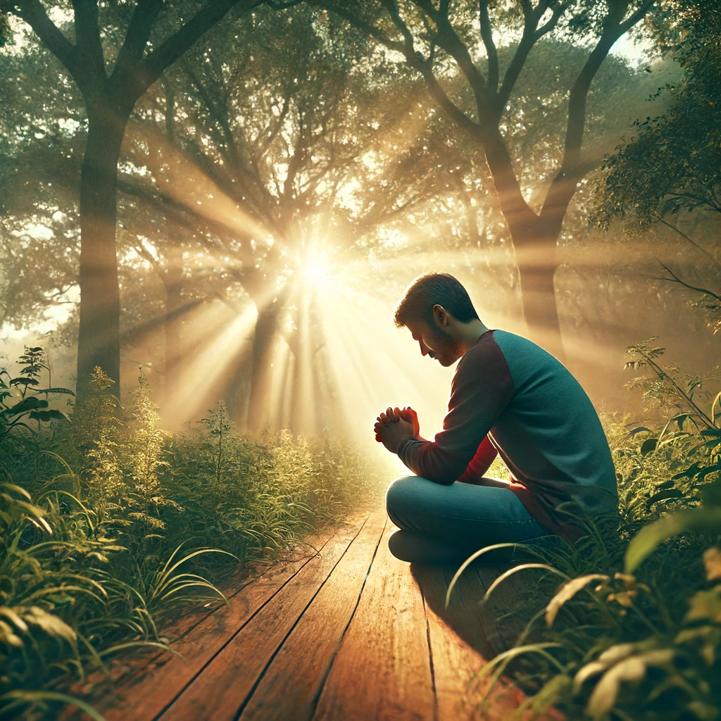 A person kneeling in prayer outdoors.