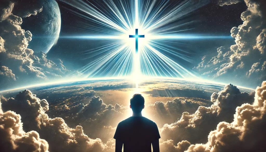 A person looking up towards a bright sky with a cross and light rays shining down.