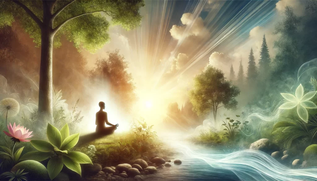 A person meditating or praying in a serene, nature-filled setting.