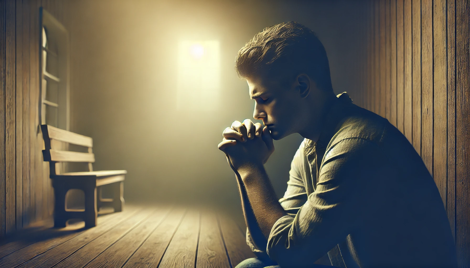 A person praying fervently in a quiet room, looking distressed yet hopeful.