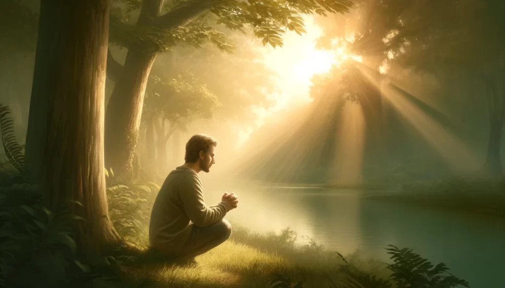 A person praying in a serene, natural setting, such as a peaceful garden or by a calm lake.