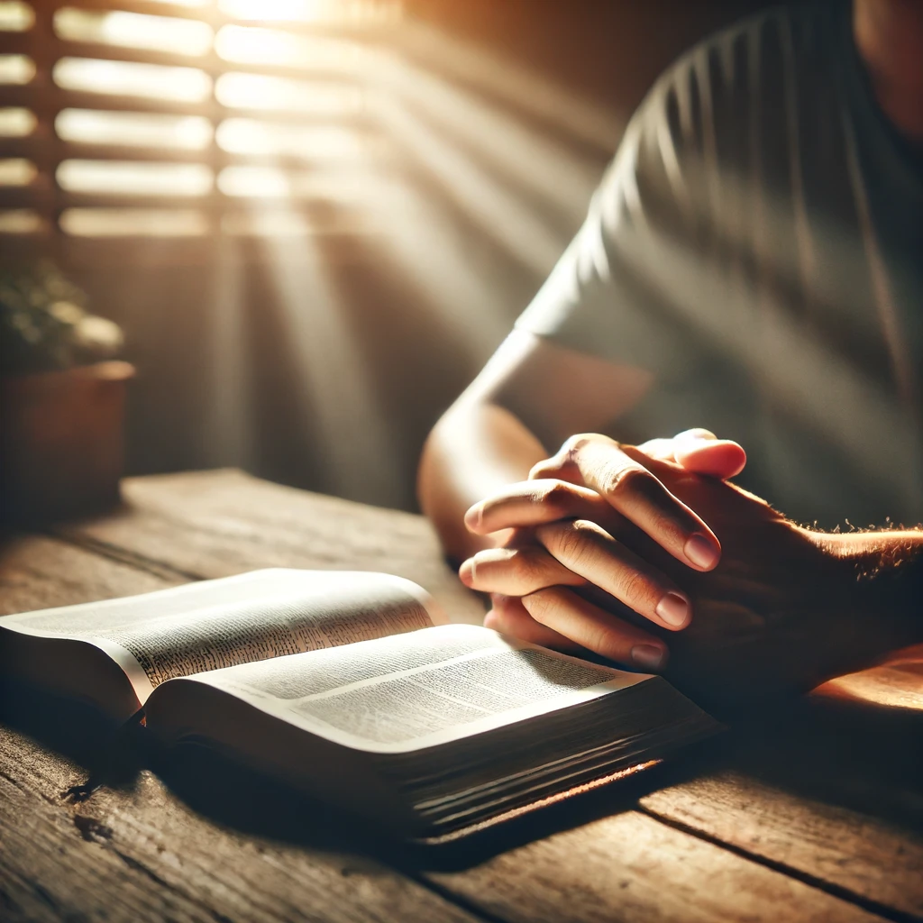 A person reading a Bible at a wooden table, with soft light streaming through a nearby window.