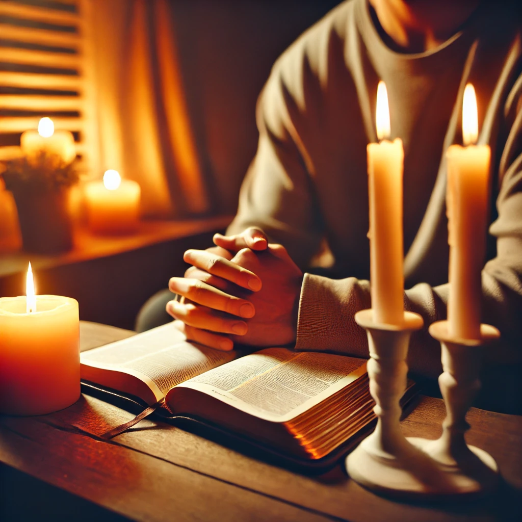 A person reading a Bible by candlelight in a cozy room.