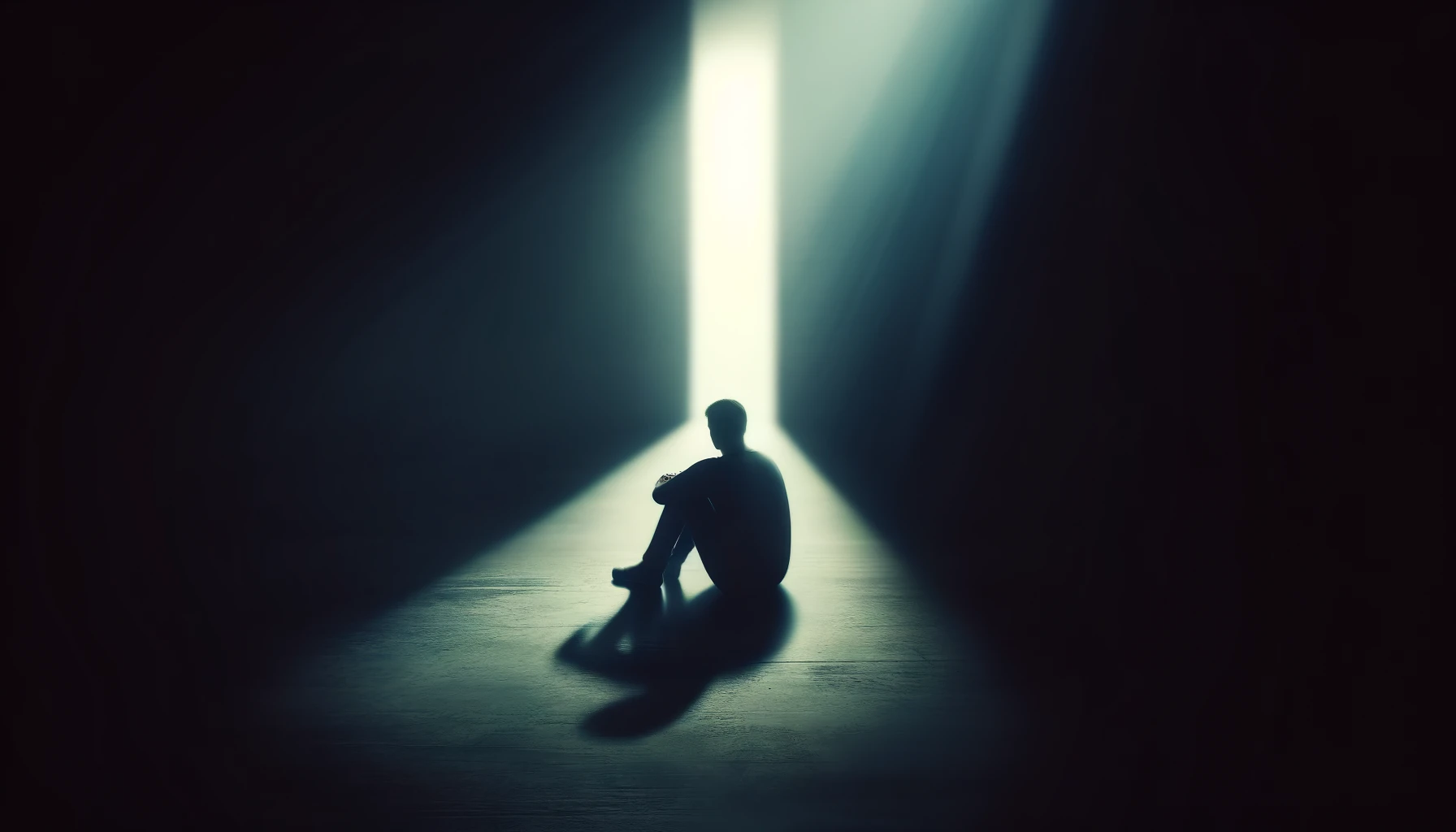 A person sitting alone in a dark room, with shadows enveloping them.