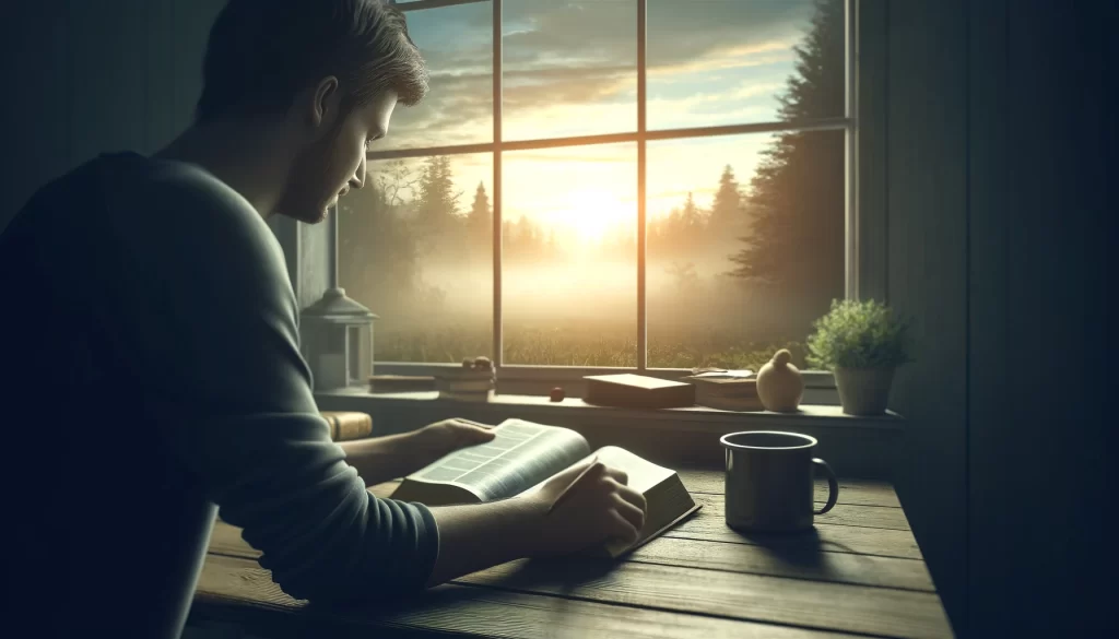 A person sitting at a desk by a window, deeply engrossed in reading an open Bible.