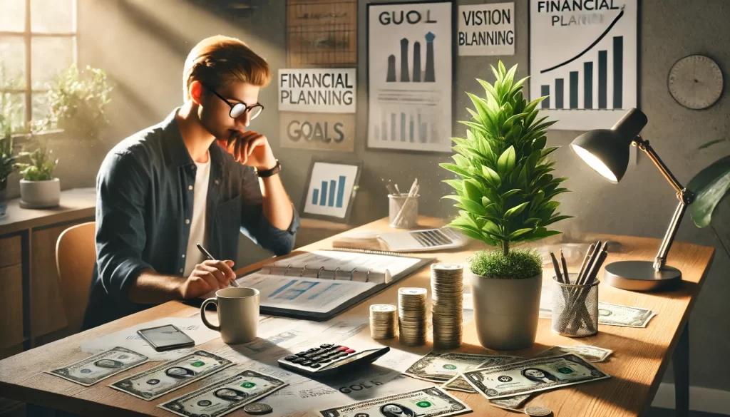 A person sitting at a desk with financial planning documents, a calculator, and a cup of coffee.