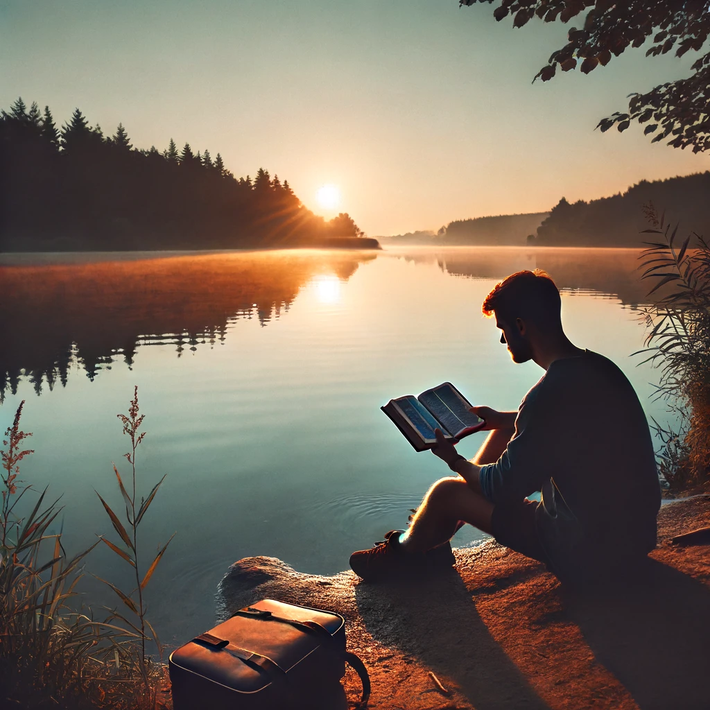 A person sitting by a tranquil lake at dawn, reading the Bible.