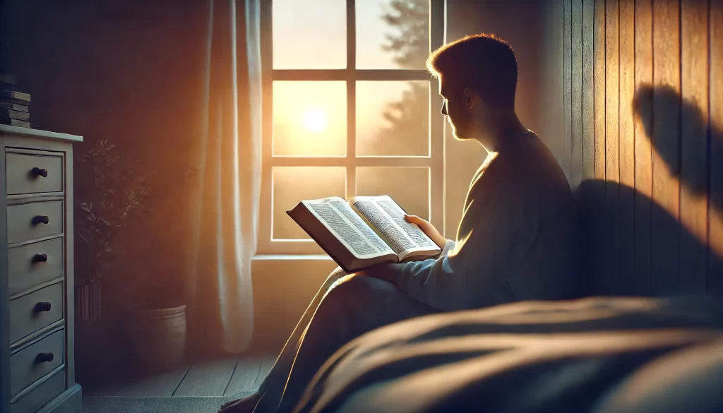 A person sitting by a window at dawn, reading the Bible.