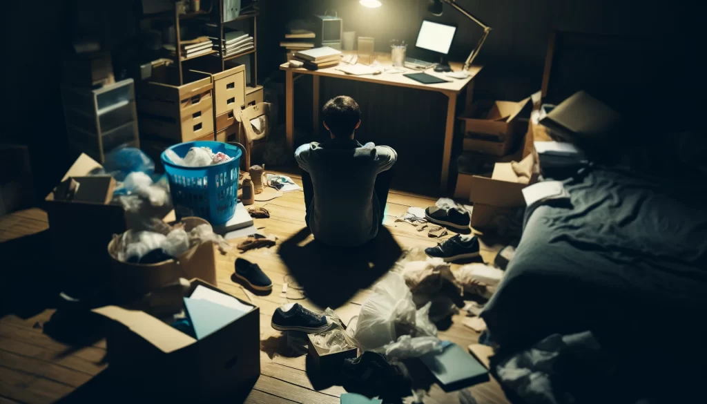 A person sitting idly in a messy room, surrounded by unfinished tasks and clutter.