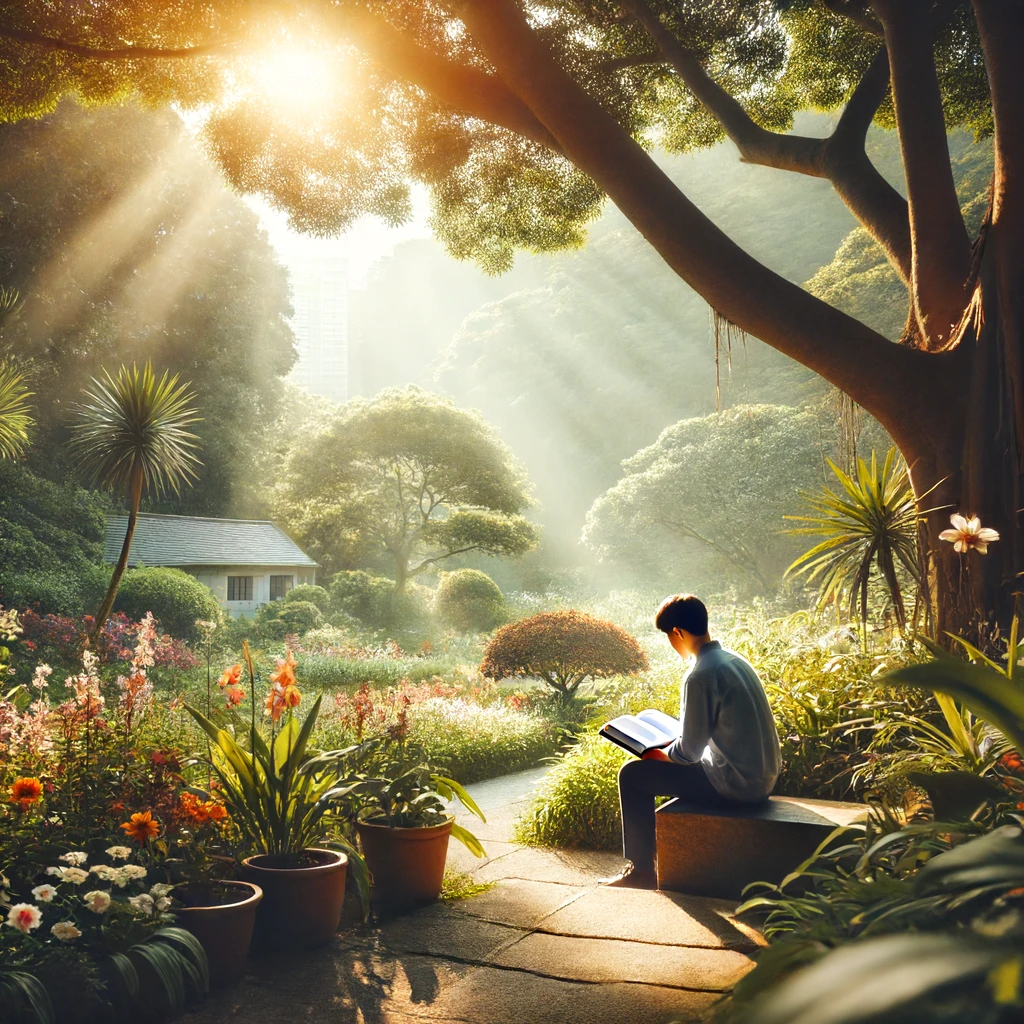 A person sitting in a peaceful park, reading a Bible.