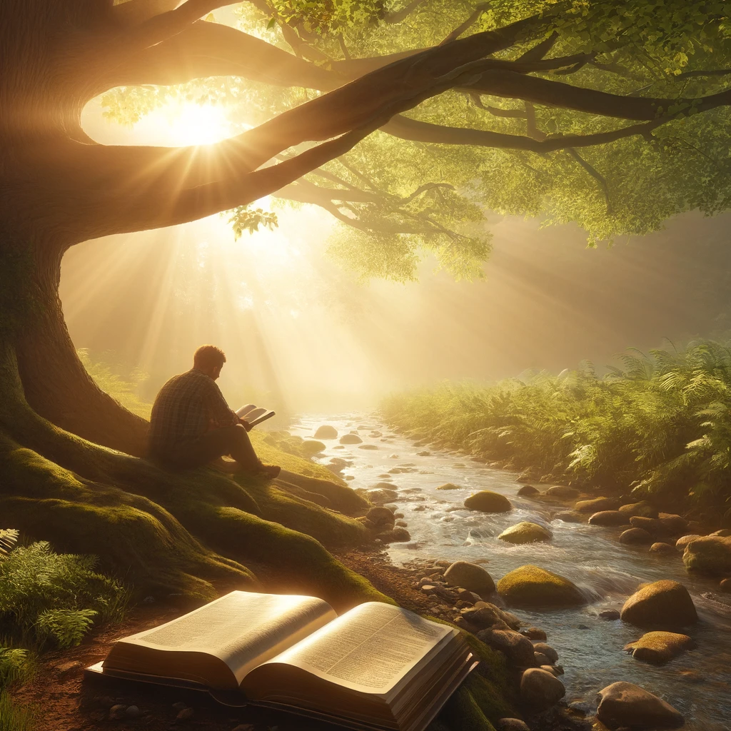 A person sitting peacefully by a stream, reading an open Bible under the shade of a large tree.