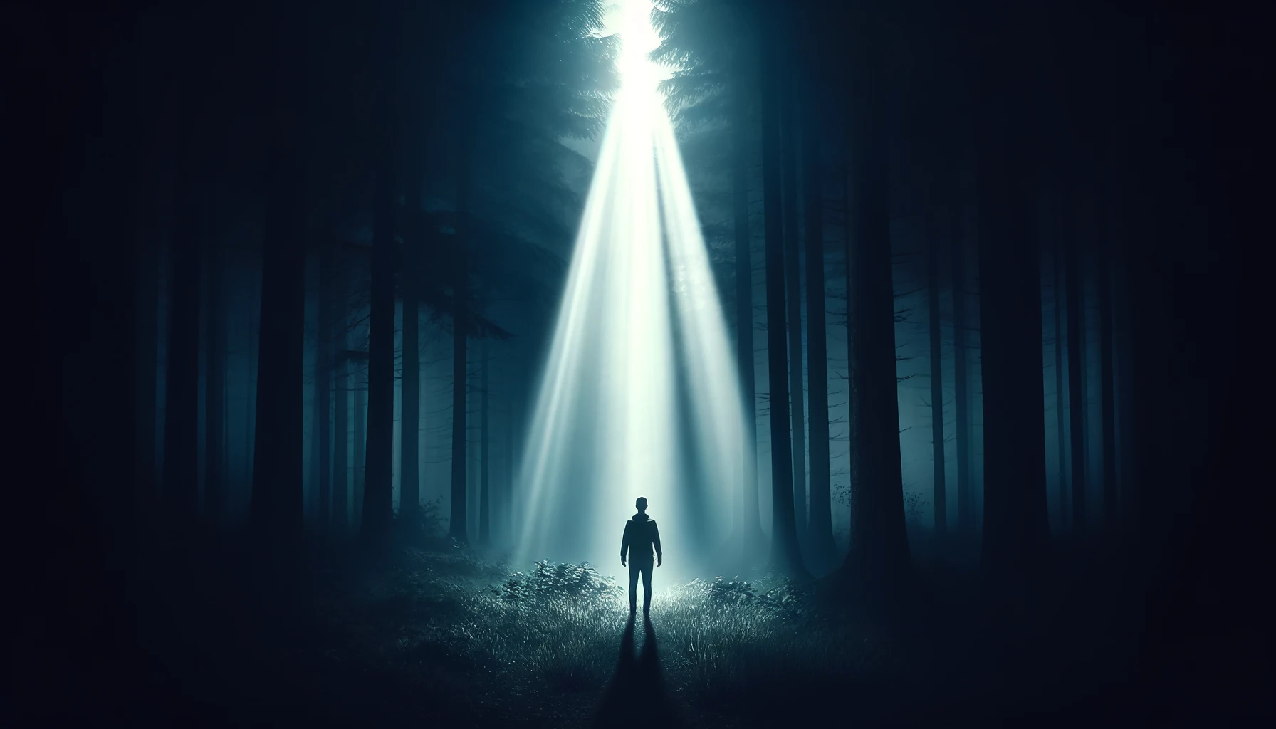 A person standing alone in a dark forest at night, with a beam of light breaking through the trees.