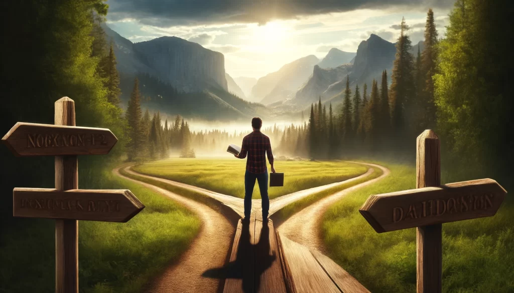 A person standing at a crossroads in a scenic landscape, with mountains and trees in the background.