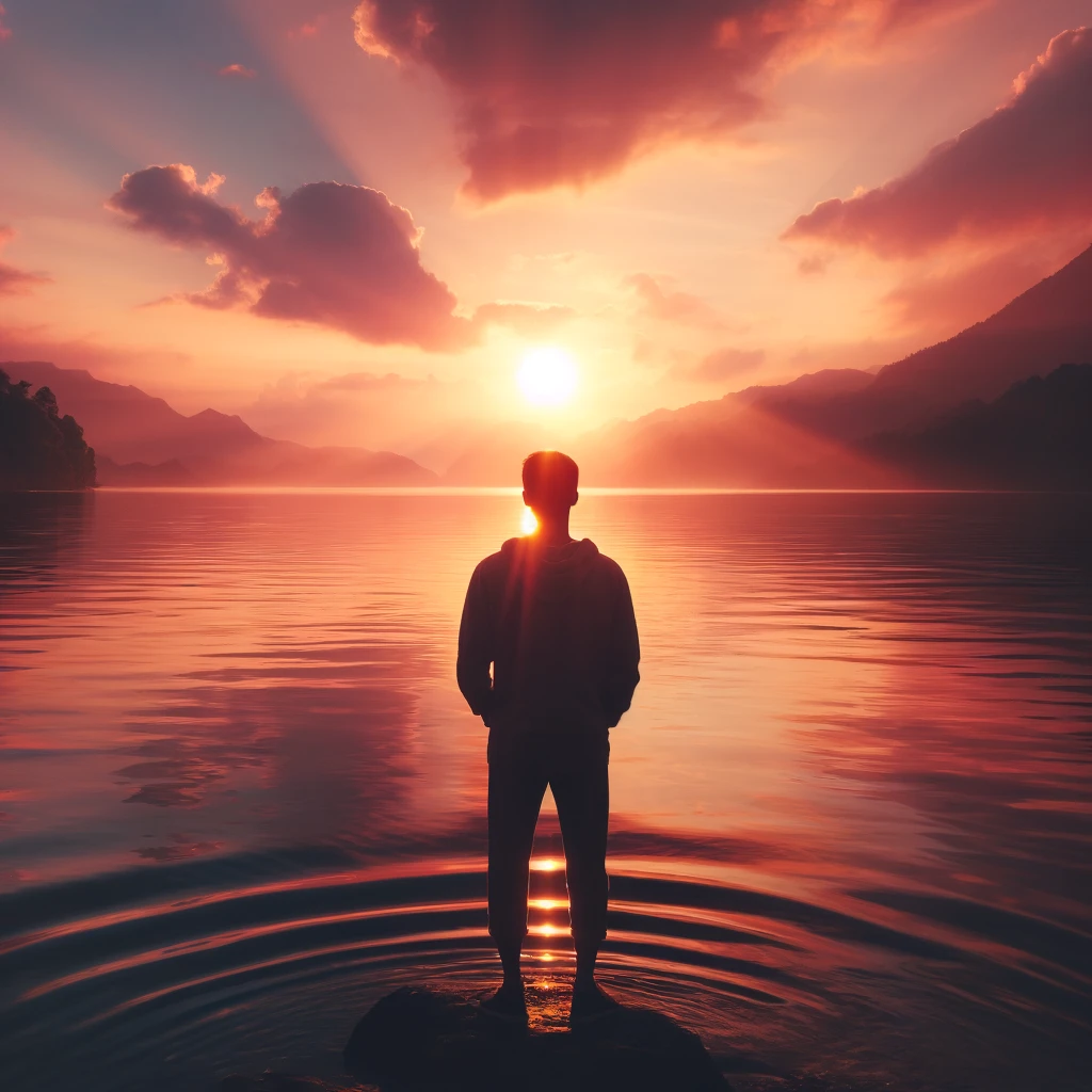 A person standing at the edge of a calm lake during sunset, looking out over the water with a sense of peace and reflection.