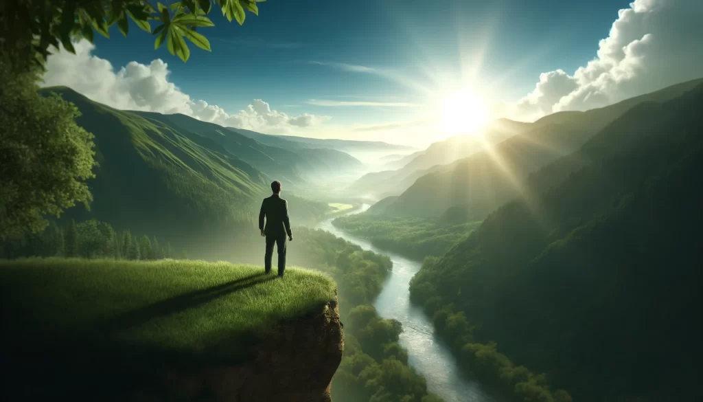 A person standing at the edge of a cliff overlooking a lush, green valley with a river running through it.