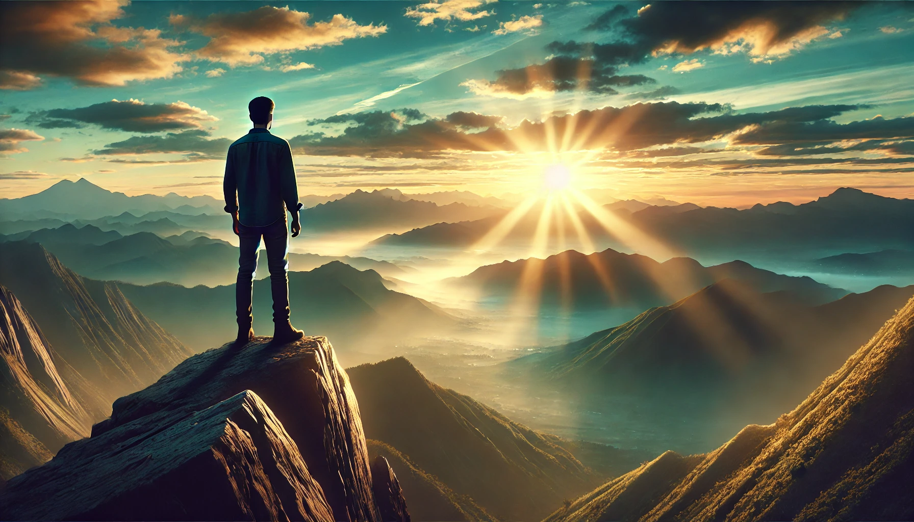 A person standing at the edge of a cliff with a panoramic view of a sunrise over mountains.