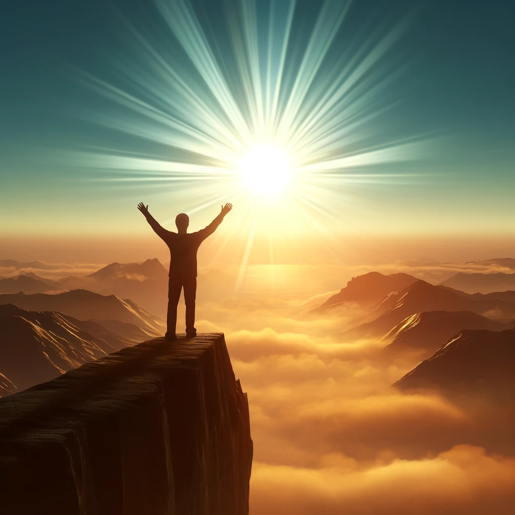 A person standing at the edge of a cliff with arms raised, embracing the rising sun.