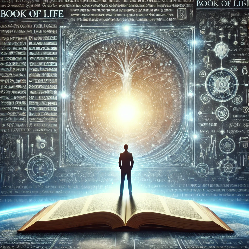 A person standing before a large, open book with pages filled with text, representing the book of life.