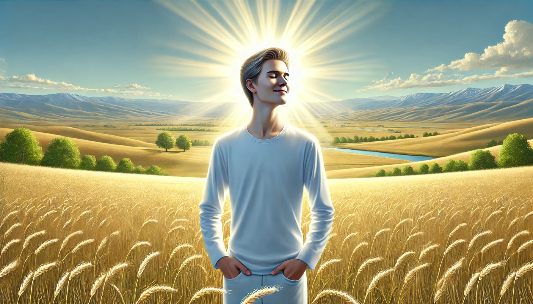 A person standing in a beautiful open field, feeling the warmth of the sun.