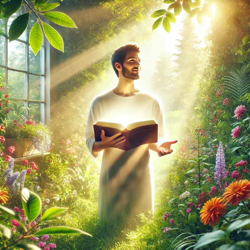 A person standing in a lush garden, bathed in sunlight, with an open Bible in their hands.