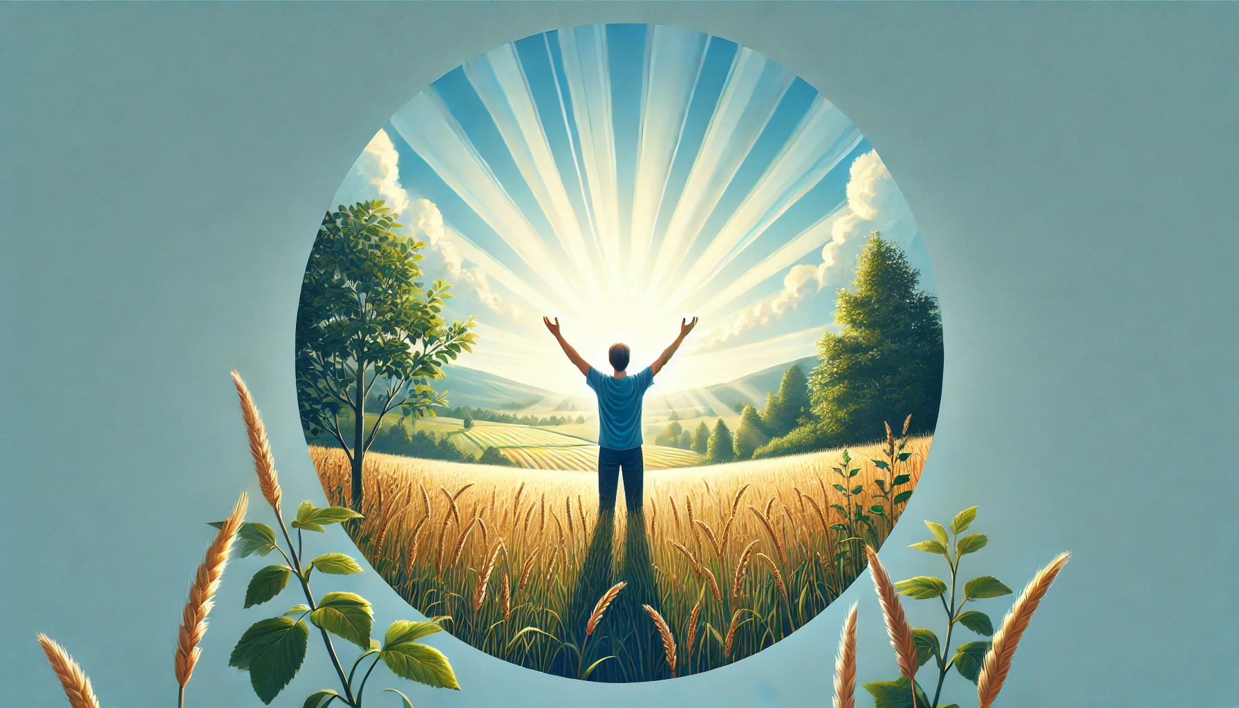 A person standing in a sunlit field, arms raised towards the sky in a gesture of freedom and joy.