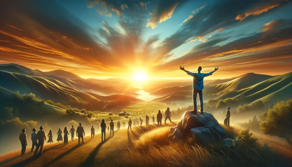 A person standing on a hilltop at sunrise, singing joyfully with arms raised. 